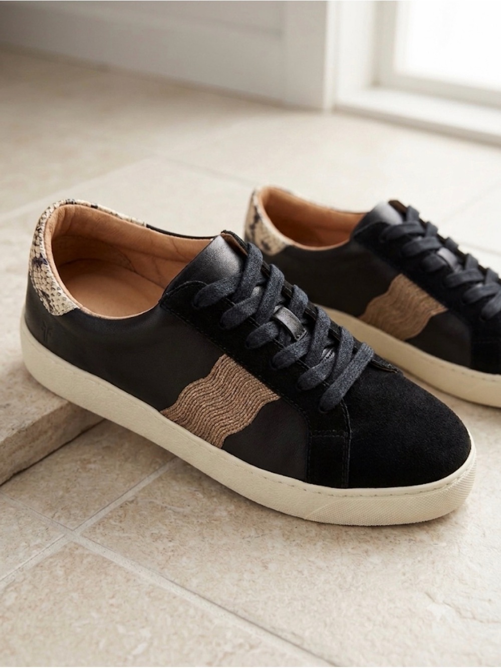 FRYE Webster Wave Low Lace Sneakers Black Suede Snake Print Leather 8.5M